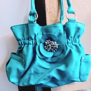 Scrunched Floral Rhinestone Accented Pocketed Faux Leather Satchel Purse